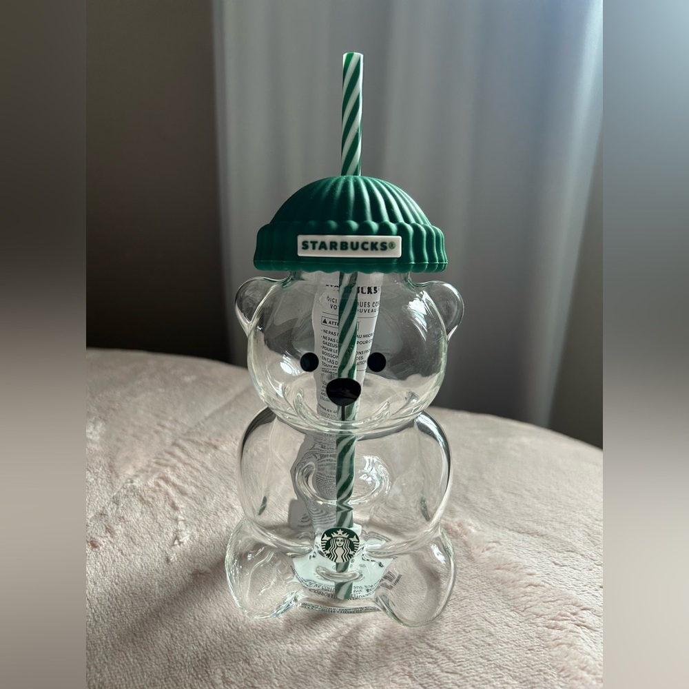 Starbucks Clear Bear Tumbler with Green Lid and Straw